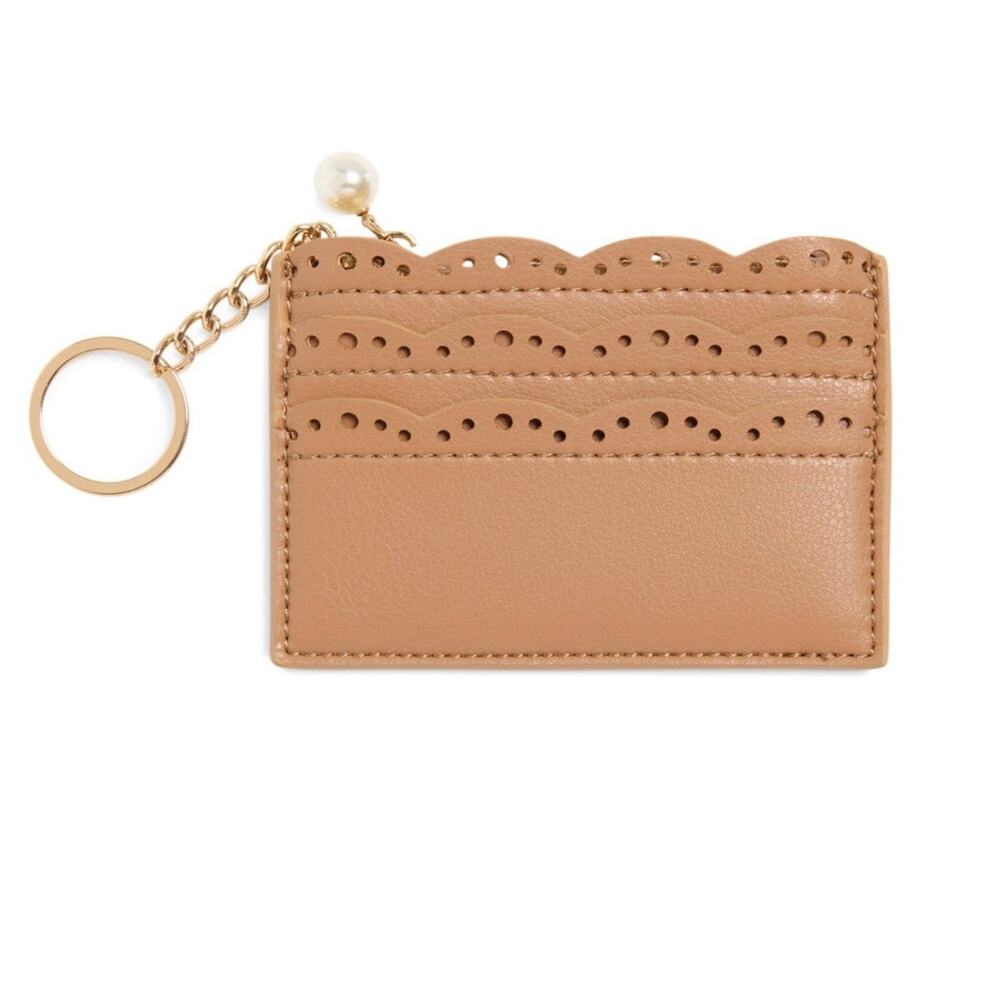 Lola Card Case Tan Vegan Leather Faux Pearl Gold Hardware